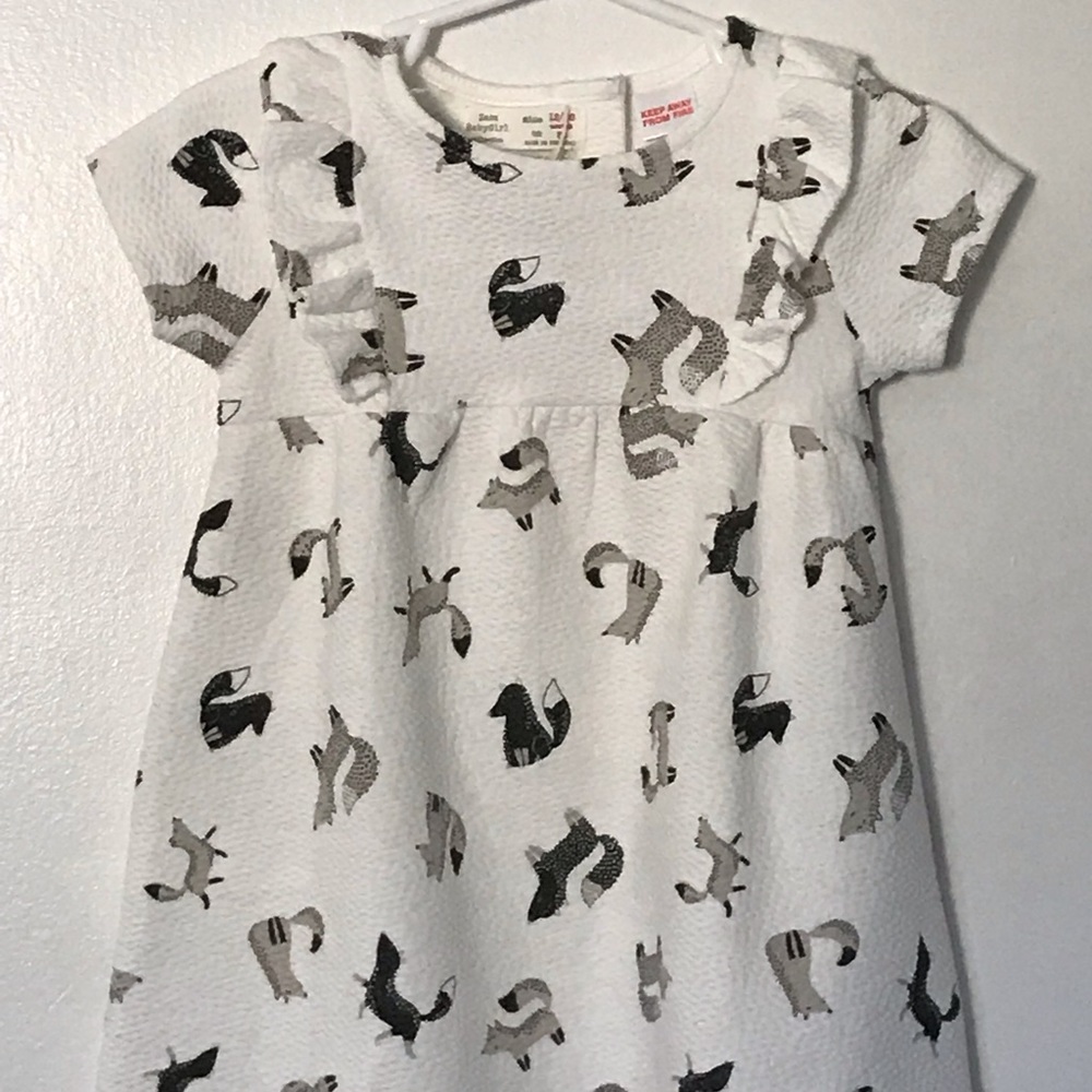 NWT Zara Baby White Girl Dress Fox Print Sz 12-18M